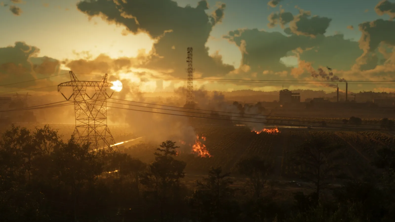A rural Leonida field at dusk in GTA 6's Ambrosia, smoke drifting across the open landscape