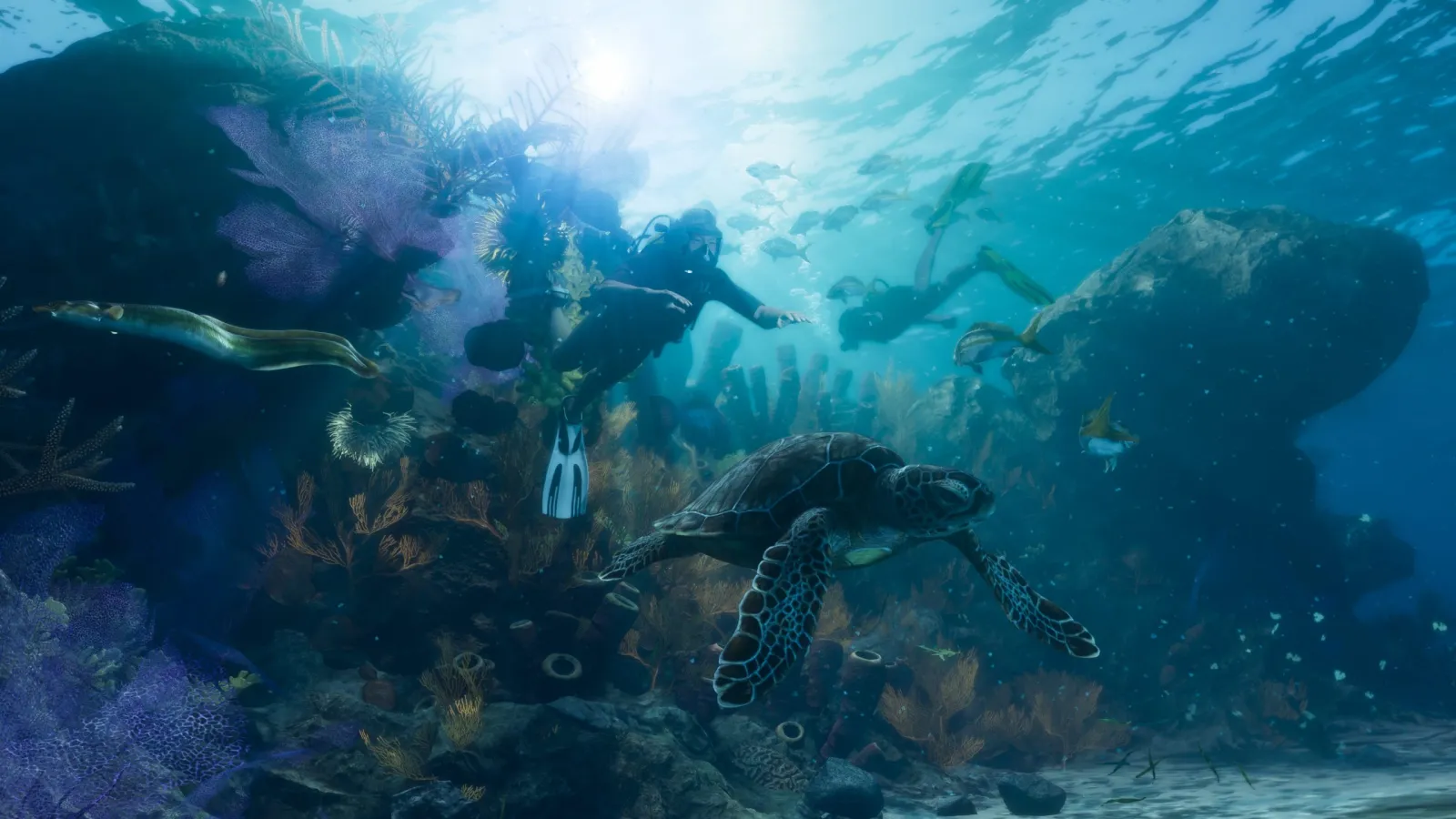 An underwater coral reef in GTA 6's Leonida waters, divers swimming past a sea turtle and shoals of fish