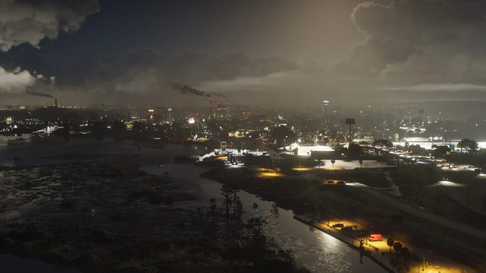 A working Leonida town at night in GTA 6, the kind of scene the confirmed PS5 launch will deliver first