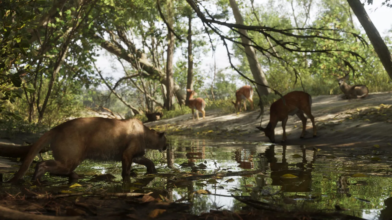 A Florida panther and deer at a shaded forest watering hole in the GTA 6 Leonida wilderness