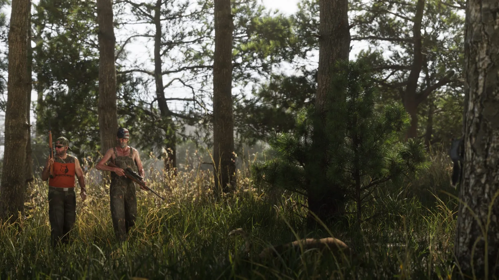 Two hikers walking through a sunlit pine forest in GTA 6's Mount Kalaga National Park