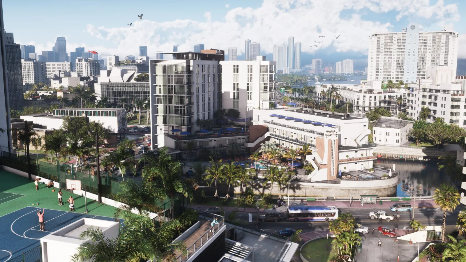 A next-gen-scale aerial of Vice City in GTA 6, the kind of fidelity rumoured PS6 hardware is imagined to push further