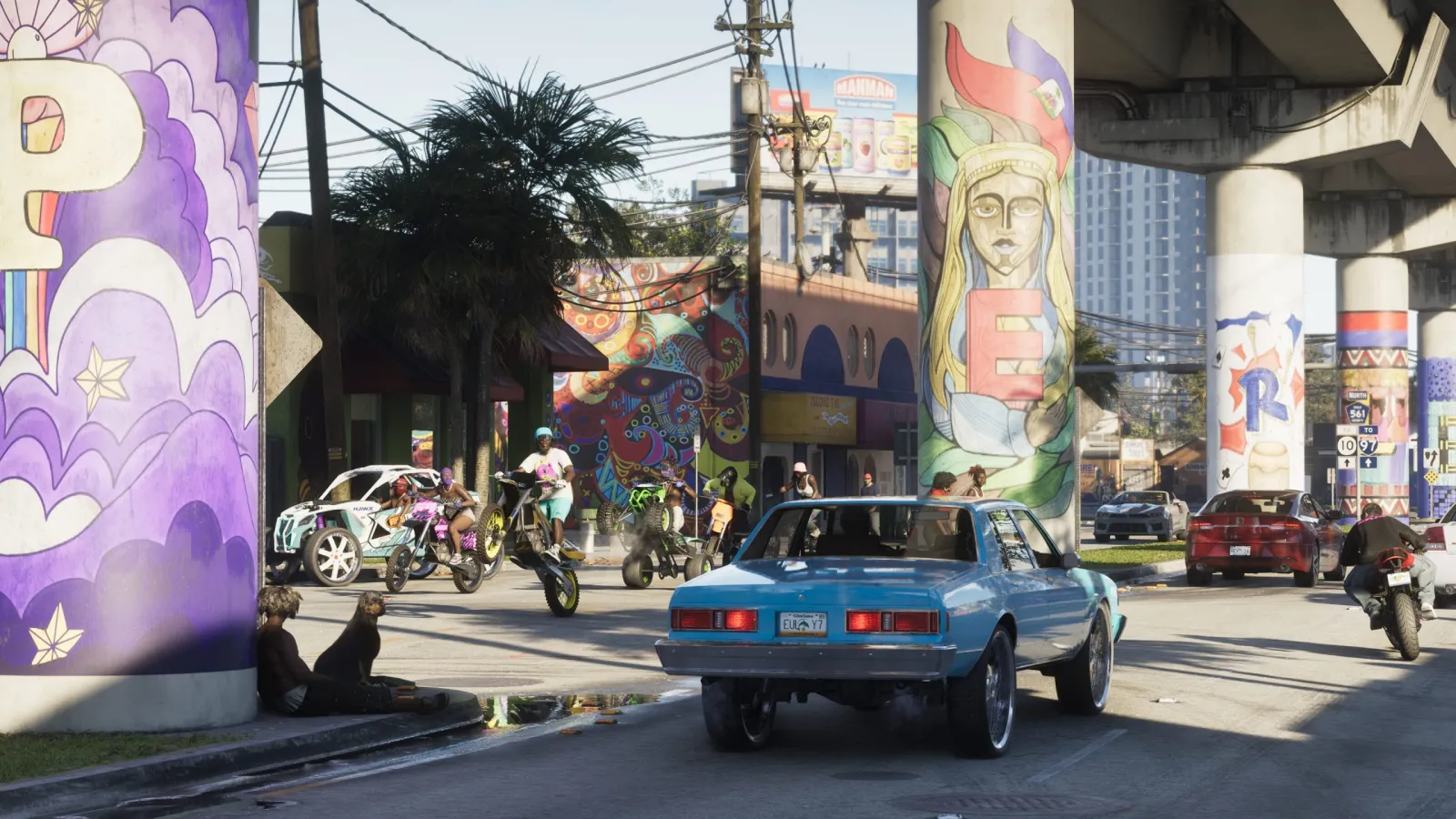 A muscle car on a Vice City street in GTA 6, the current-gen game players hope will carry forward to future hardware
