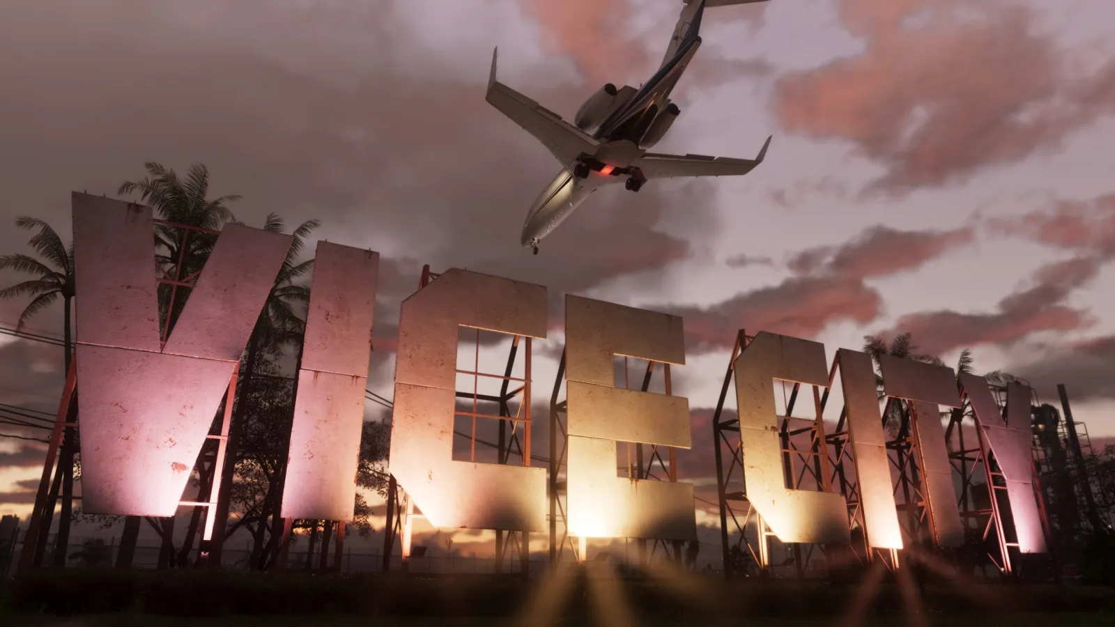 The landmark Vice City sign lit at dusk in GTA 6, the confirmed setting of the 19 November 2026 release
